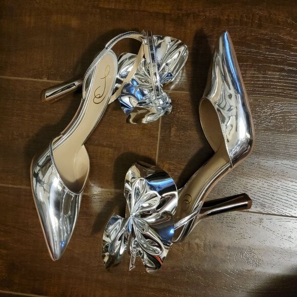 NEW Sam Edelman Halie Bow Heels Womens 7.5 Shiny Silver Chic Formal Party Classy - Picture 5 of 9